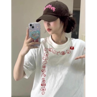 白色短袖 2025新款 重磅纯棉美式 t恤女夏季 上衣 爆款 宽松慵懒风半袖