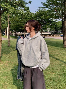 灰色卫衣美式高街连帽基础款纯色秋冬加绒加厚套头保暖上衣帽衫女