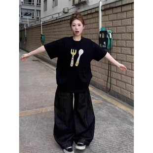 纯棉国潮美式 宽松慵懒黑色上衣 高街短袖 t恤女设计感小众2025新款