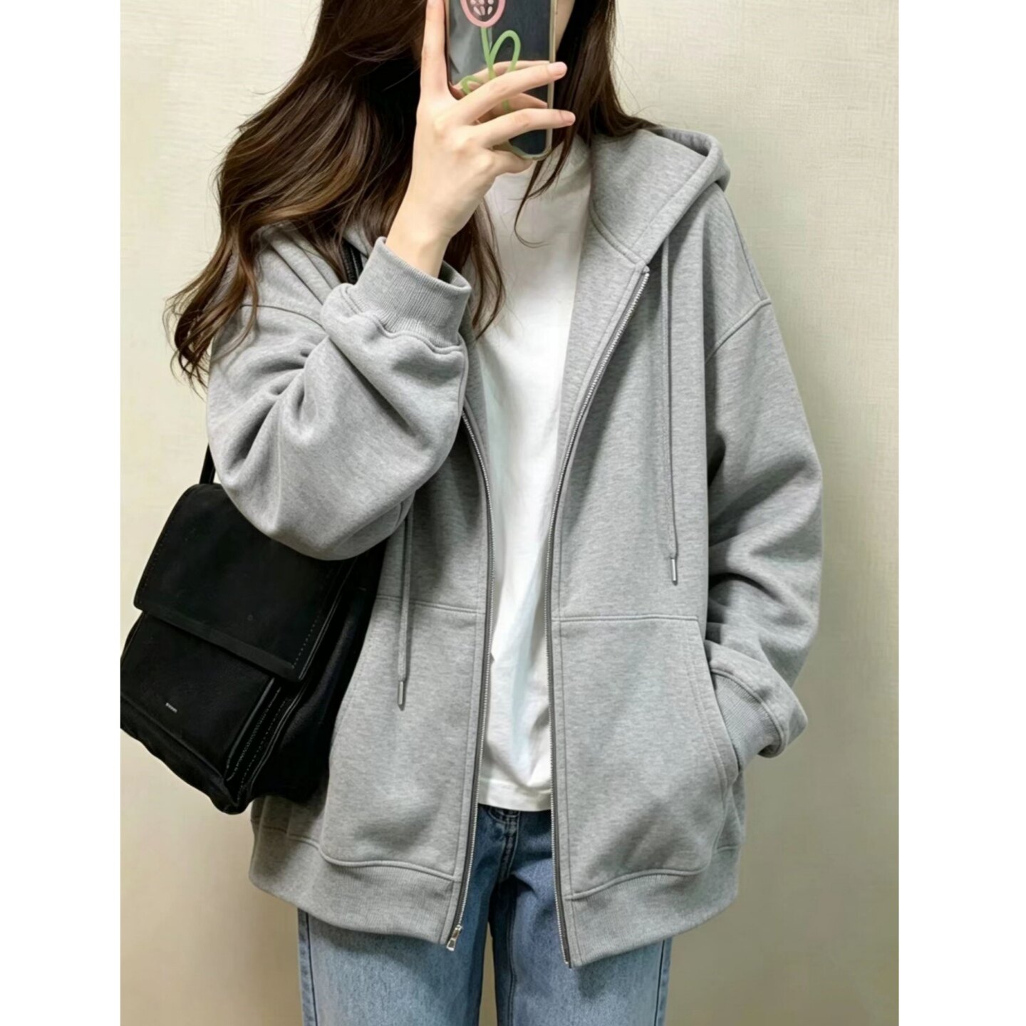早秋加厚连帽拉链卫衣女2026新款韩版宽松灰色开衫外套大码上衣潮