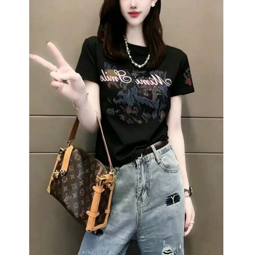 美式高街黑色短袖t恤女2026夏季字母印花小众设计常规款正肩上衣