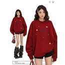 宽松慵懒风圆领套头多巴胺长袖 美式 上衣 2025新款 红色卫衣女早秋季