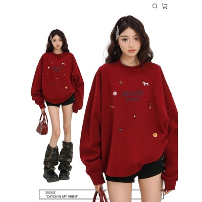 红色卫衣女早秋季2025新款美式宽松慵懒风圆领套头多巴胺长袖上衣