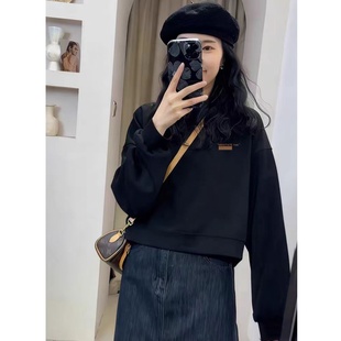 韩版重磅黑色短款卫衣女保暖秋冬季宽松加绒加厚小个子无帽上衣潮