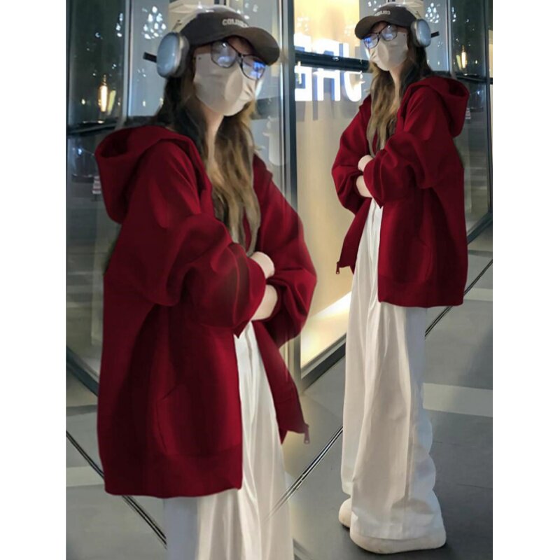 酒红色拉链开衫卫衣连帽外套女2026新款休闲宽松慵懒风长袖上衣潮