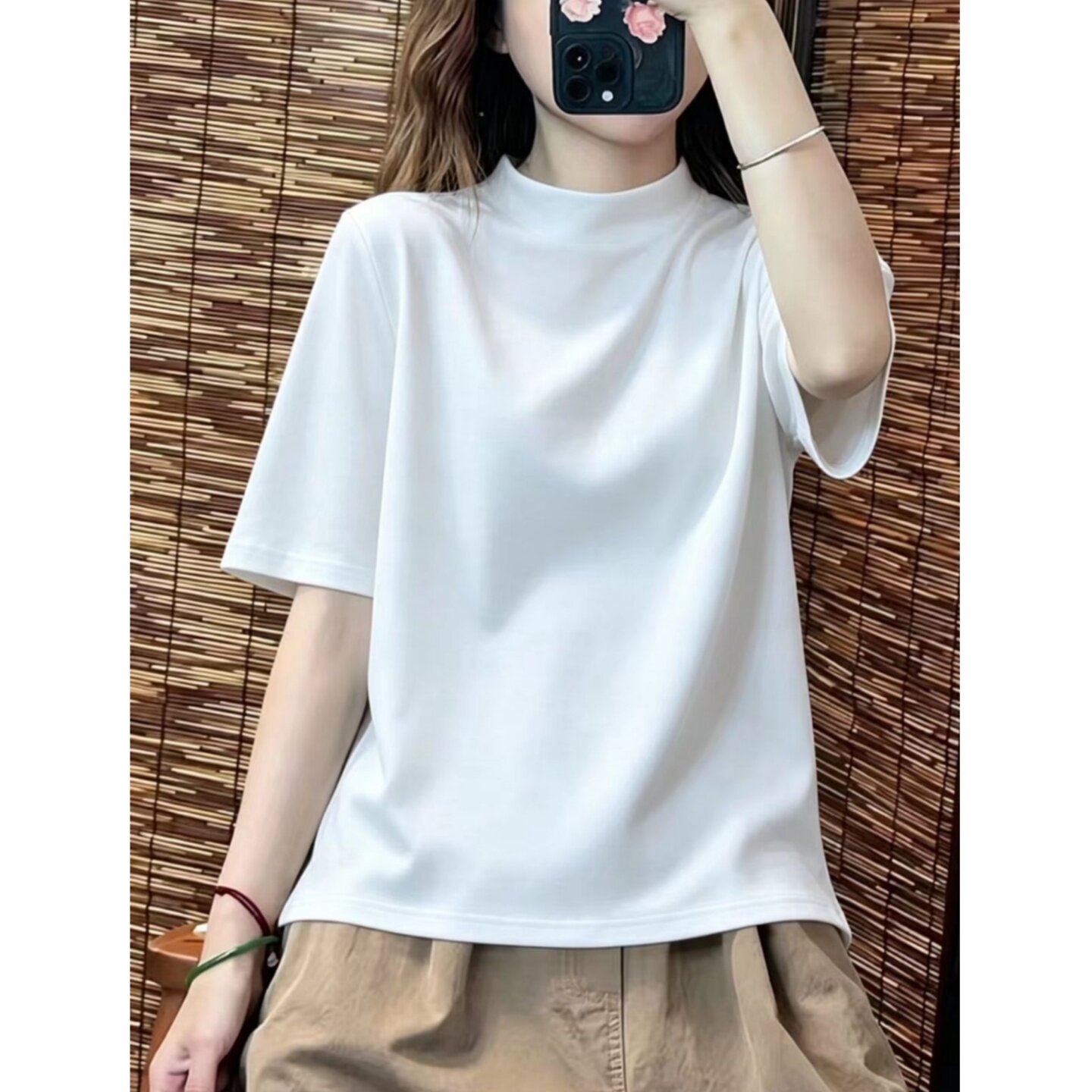 韩系高级感小立领白色短袖t恤女2026早秋打底衫宽松显瘦百搭上衣图片