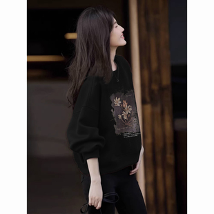 上衣秋冬加绒加厚外套 圆领小个子新款 黑色短款 卫衣女2025春秋薄款
