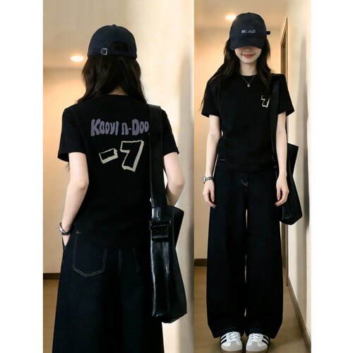 夏季新款黑色字母印花短袖t恤女2026韩版宽松时髦体恤常规款上衣
