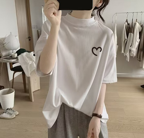 欧洲站短袖宽松纯棉半高领T恤女