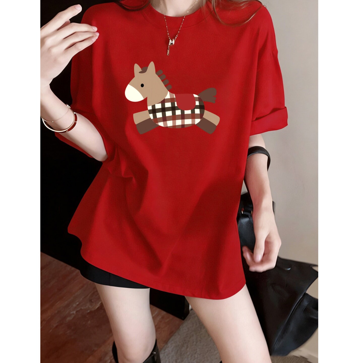 圆领红色卡通马印花短袖t恤女2026宽松显瘦百搭本命年新年上衣潮
