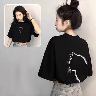 宽松显瘦体恤百搭上衣服 黑色小猫纯棉短袖 t恤女2025夏季 新款 爆款