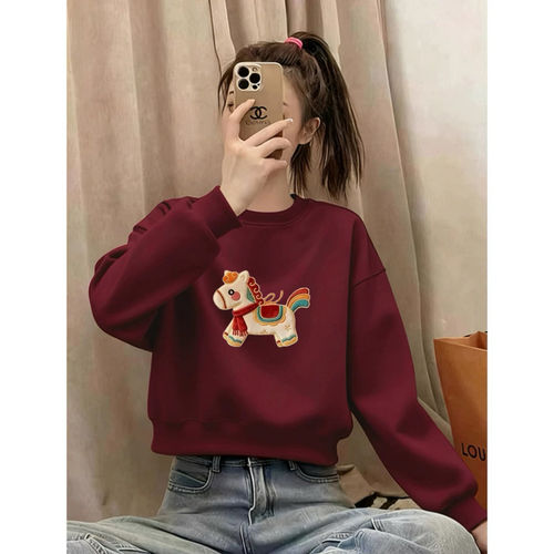 酒红色圆领短款卫衣女马年本命年衣服2026新款爆款时尚加绒上衣服