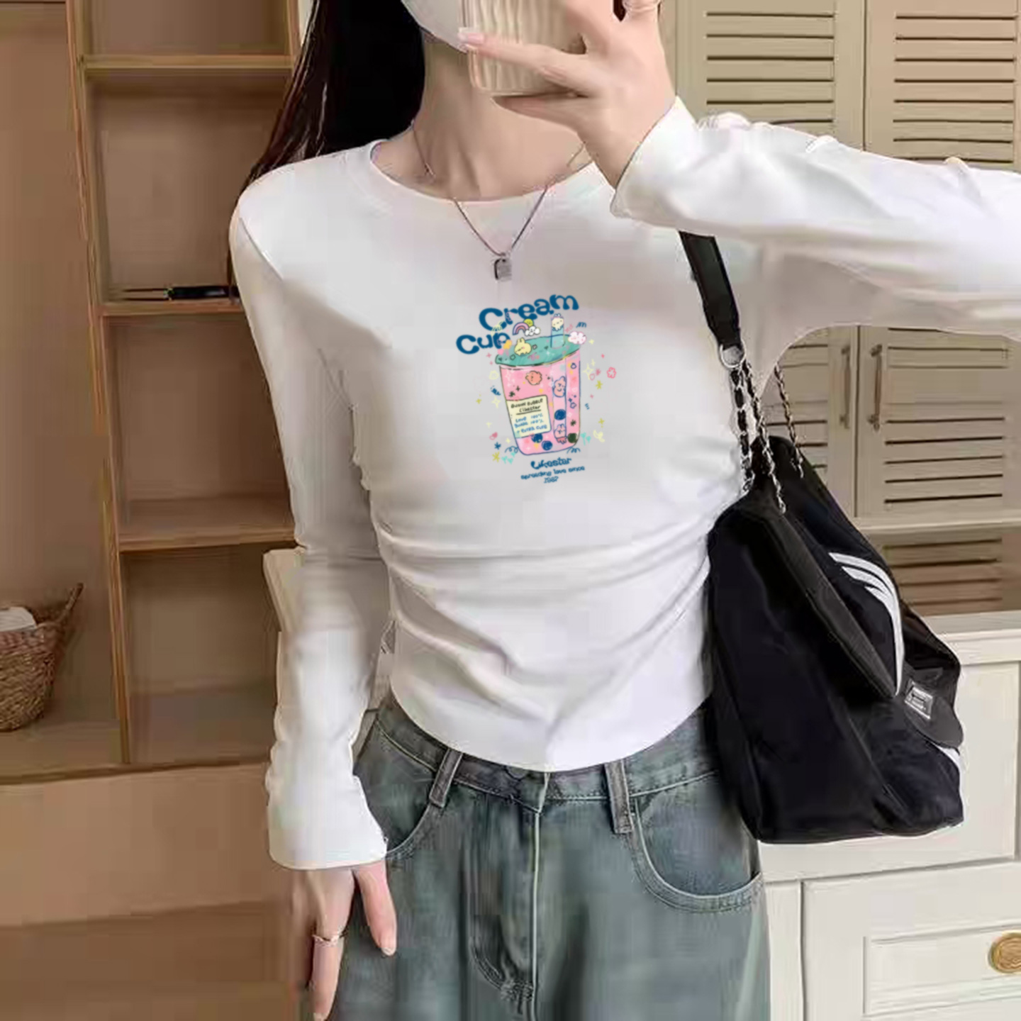 螺纹t恤修身收腰内搭长袖秋冬保暖打底衫德绒白色上衣女短款磨毛