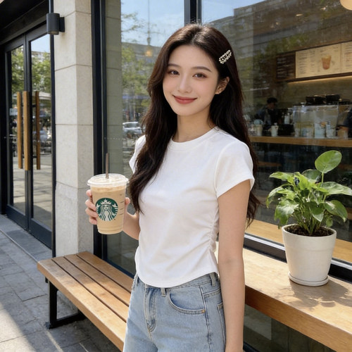 韩系白色短袖t恤女2026夏季新款爆款修身显瘦收腰设计感褶皱上衣