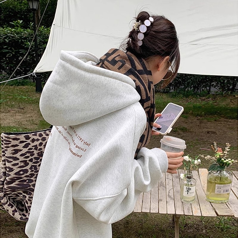 灰色薄款卫衣女2025新款早春秋季爆款加绒宽松连帽中长款潮牌外套