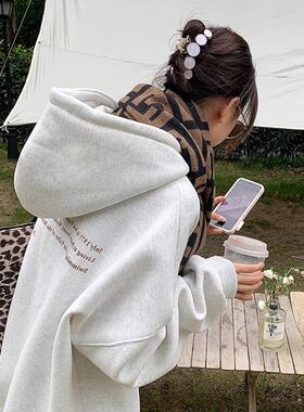 灰色薄款卫衣女2025新款早春秋季爆款加绒宽松连帽中长款潮牌外套