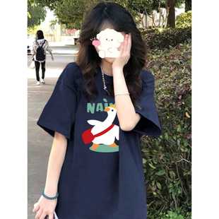 藏蓝色欧货胖mm大码短袖t恤女装2026夏季200斤宽松中长款体恤上衣