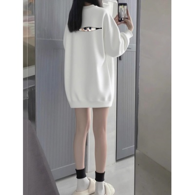 小众设计猫咪图案白色重磅卫衣女加绒圆领宽松oversize秋冬上衣潮