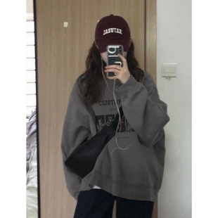 大码卫衣外套女款秋冬季新款爆款2025圆领深灰色慵懒风宽松上衣服