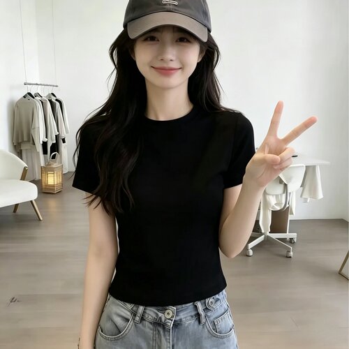 黑色短款正肩圆领夏季2026新款短袖t恤女休闲百搭洋气短款上衣ins