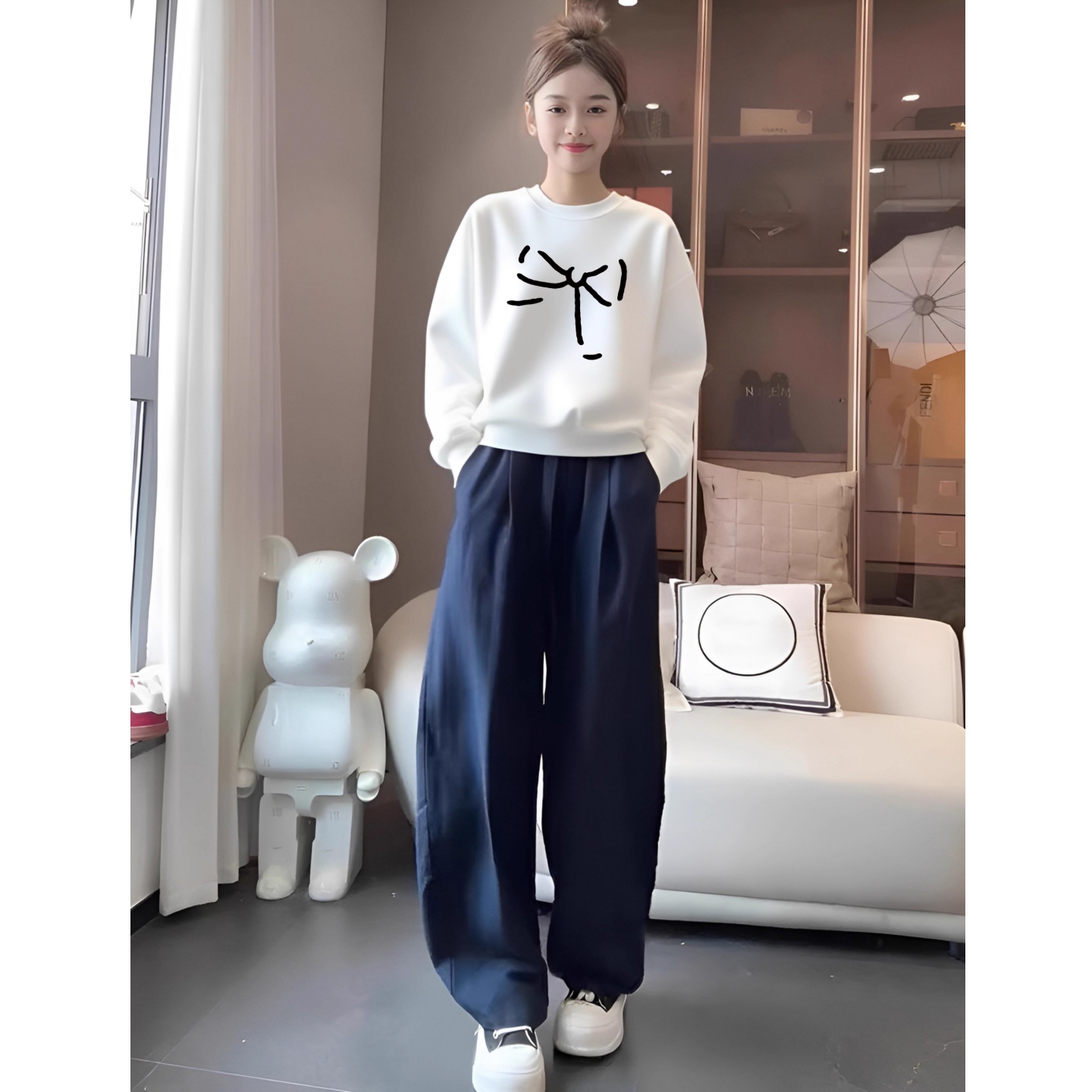 白色短款卫衣女秋冬2025新款爆款复古无帽圆领宽松加绒加厚上衣服