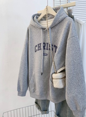 美式灰色连帽卫衣女2025新款早秋宽松加绒慵懒风小个子显瘦上衣潮