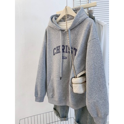 美式灰色连帽卫衣女2025新款早秋宽松加绒慵懒风小个子显瘦上衣潮