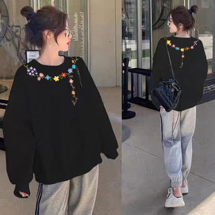 圆领黑色卫衣女款2026新款爆款秋冬季oversize加绒加厚长袖上衣潮