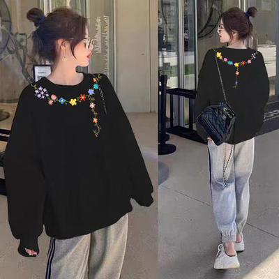 圆领黑色卫衣女款2025新款爆款秋冬季oversize加绒加厚长袖上衣潮