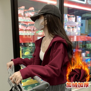 安可拉红色卫衣外套开衫女秋冬季短款2026新款本命年加绒加厚连帽