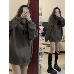 美式复古连帽卫衣女秋冬慵懒风中长款遮屁股oversize加绒加厚上衣