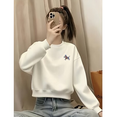 秋冬保暖白色卫衣女宽松短款高腰2025新款圆领无帽小个子加绒上衣