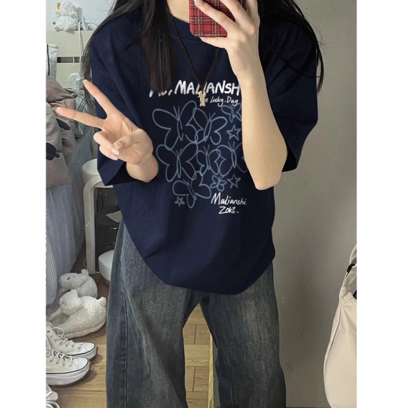 纯棉美式潮牌正肩短袖t恤女2025新款爆款设计感小众宽松高街体恤