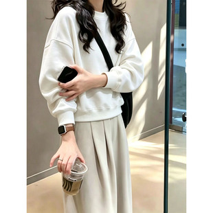 韩版加绒圆领短款卫衣女2026新款秋冬季白色宽松套头显瘦百搭上衣