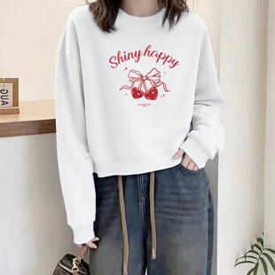 加绒加厚宽松上衣 2025秋冬新款 韩版 蝴蝶结樱桃印花重磅卫衣女短款