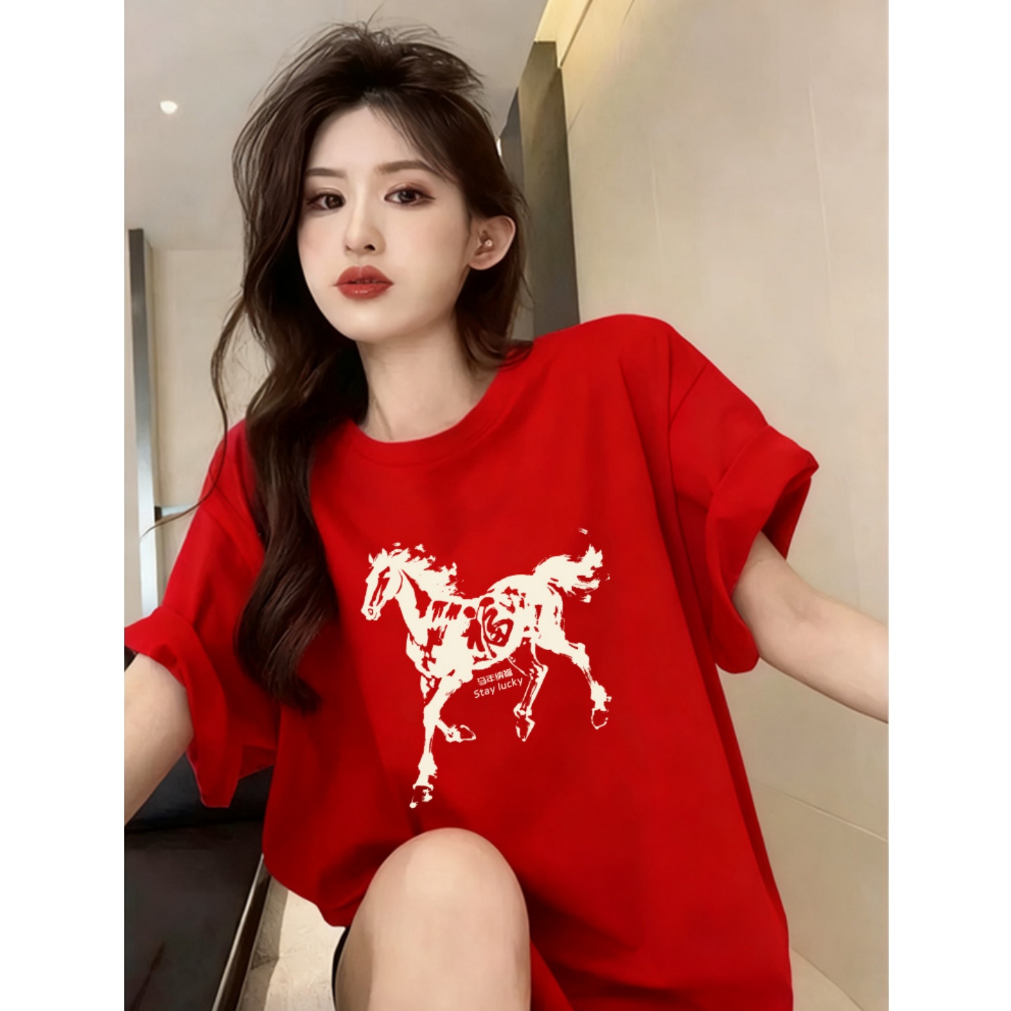 2026新款红色马印花短袖t恤女圆领纯棉大码本命年打底衫宽松上衣