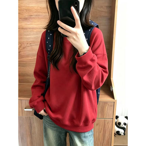 秋冬加绒加厚红色慵懒风女卫衣