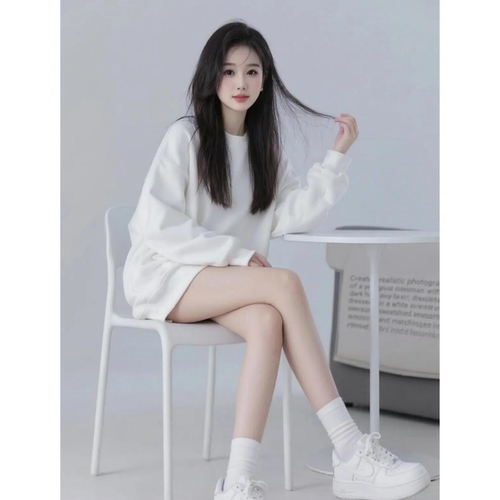 气质纯色中长款宽松白色卫衣女
