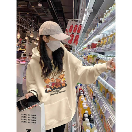 杏色美式连帽加绒卫衣女秋冬2025新款爆款中长款加厚外套宽松上衣