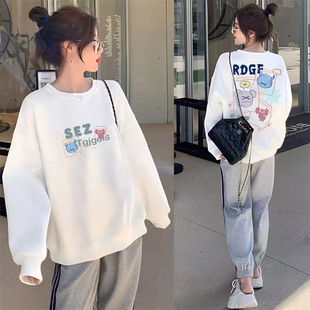 韩系白色卡通圆领卫衣女款秋季2025新款爆款小个子宽松加绒上衣潮