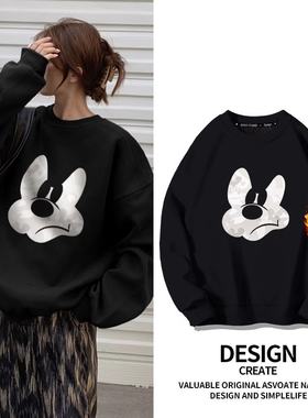 黑色米奇卡通ins卫衣女春秋圆领春秋薄款2025新款加绒秋冬上衣潮