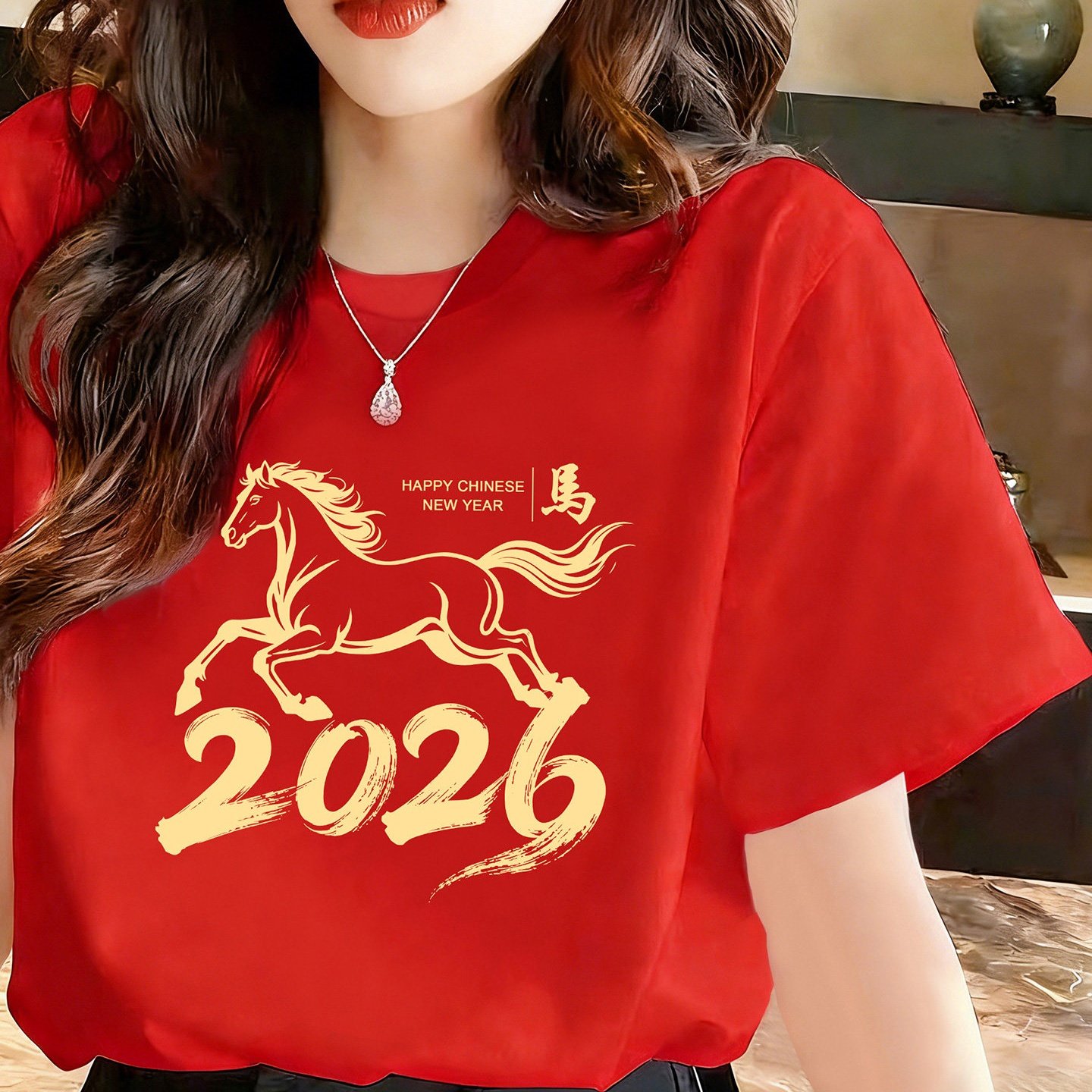 马年本命年红色短袖t恤女2026印花圆领宽松大码新年喜庆洋气上衣