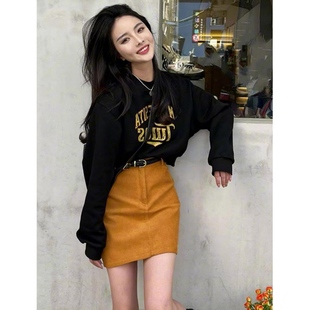 百搭早秋薄款 秋冬加绒加厚黑色长袖 上衣 卫衣女短款 高级感超好看