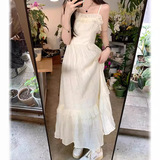 设计感小众吊带连衣裙女夏季温柔风木耳边裙子显瘦a字裙杏色长裙，商品下架区，岚润乐美服饰