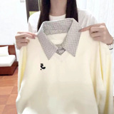 学院风白色Polo领格子拼接毛衣女2025秋大码宽松休闲假两件，女装针织衫/毛衣，岚润乐美服饰