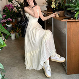 设计感小众吊带连衣裙女夏季温柔风木耳边裙子显瘦a字裙杏色长裙，商品下架区，岚润乐美服饰