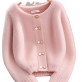 秋冬季新款女装软糯慵懒风奶fufu粉色圆领厚款针织衫毛衣休闲外套，女装针织衫/毛衣，岚润乐美服饰