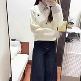 学院风白色Polo领格子拼接毛衣女2025秋大码宽松休闲假两件，女装针织衫/毛衣，岚润乐美服饰