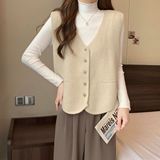 现货秋冬新款大码百搭V领内搭毛衣马甲柔软单排扣坎肩上衣女，女装马甲，岚润乐美服饰