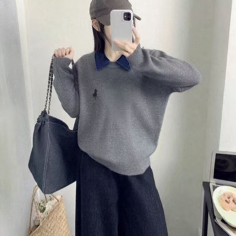 2025新款时尚百搭针织衫气质Polo领牛仔拼接假两件减龄女装毛衣，女装针织衫/毛衣，岚润乐美服饰